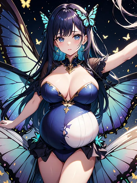 Pregnant woman with dark blue hair, butterfly wings, galaxy rainbow, leotard