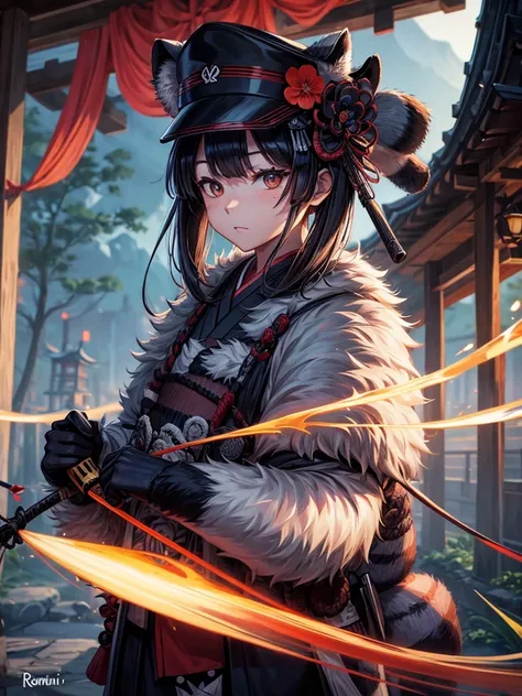 The wild raccoon man wears a ronin uniform and a straw samurai hat ,anime ,รายละเอียดน้อย