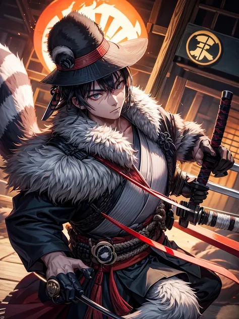 The wild raccoon man wears a ronin uniform and a straw samurai hat ,anime ,รายละเอียดน้อย