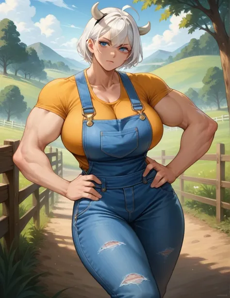 score_9, score_8_up, score_7_up, source_anime,
cowgirl, cow girl, ahoge, white hair, ice blue eyes, short hair, contempt look on face,
cleavage, collarbone, frills, overalls, suspenders ,large breasts, wide hips, milf,
outdoors, farm, cows, in a barn
looki...