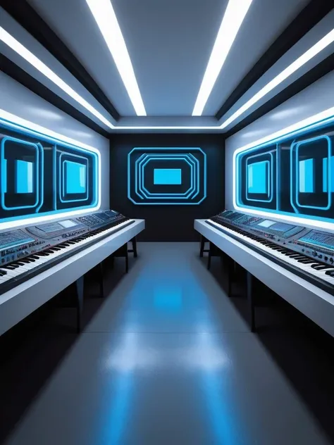 music producer studio, sala vacía con neones bluees, neon futuristic background image, symmetrical image, hell, White wall, negro, blue, abstract.