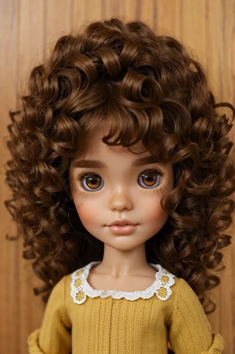 A Blythe doll with curly brown hair, not to long not to short. Her hair is like a 3A consistency. And she las light caramel skin color with honey colored eyes. 