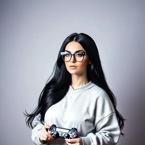 woman with huge and beautiful beard, long black hair, wears glasses, sweatshirt, geek nerd, plays video games