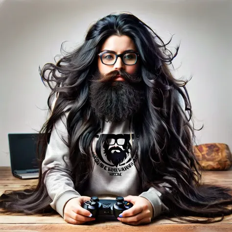 woman with huge and beautiful beard, long black hair, wears glasses, sweatshirt, geek nerd, plays video games