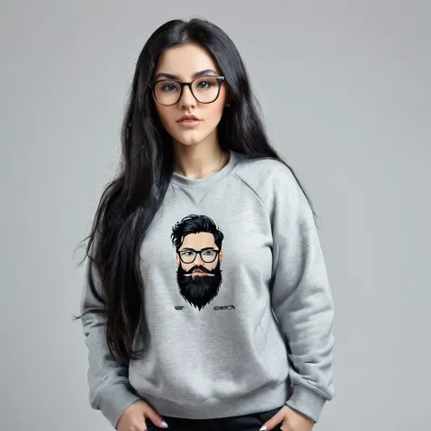 woman with huge and beautiful beard, long black hair, wears glasses, sweatshirt, geek nerd, plays video games