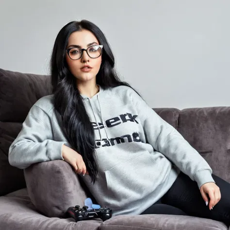 woman with huge and beautiful beard, long black hair, wears glasses, sweatshirt, geek nerd, plays video games