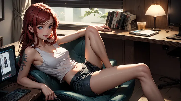 Create a high-quality, detailed image of a beautiful, anime lofi girl with long red hair, bright blue eyes, and a smile, sitting at her gaming PC in her cozy room. She has tattoos and wears a sexy see through tank top, showing her midriff with sleep shorts...