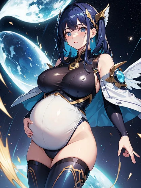 Pregnant woman with dark blue hair, galaxy wings, leotard