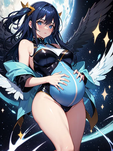 Pregnant woman with dark blue hair, galaxy wings, leotard