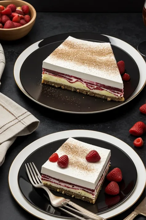 A multi-layered Italian dessert that looks elegant, on a black plate