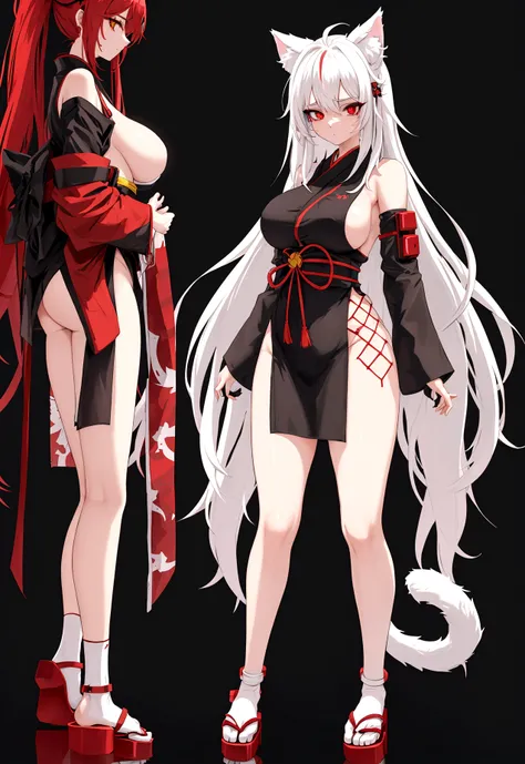 Make a full body character with 2D graphics based on current anime 4k-8k The character is 22 years old. Mature body with big breasts and curves. Eyes red, white cat ears, long white hair down to the ankles. Cat&#39;s furry tail. The outfit is a mix of trad...