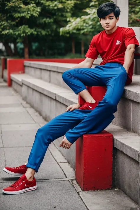 Cartoon boy wearing a red shirt and blue long pants