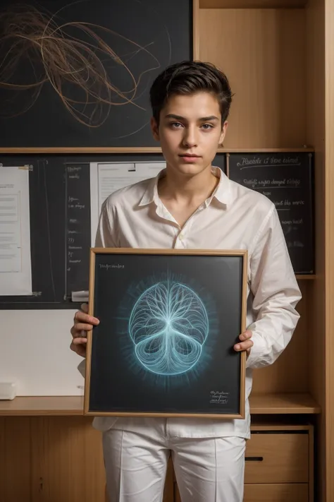 A beautiful young male twink, cute, with black hair, a face with reddish make-up, wearing a bright white long-sleeved shirt and aqua blue pants. He is in his office, and behind him is a blackboard on which is written the shape of the brain and its anatomy,...