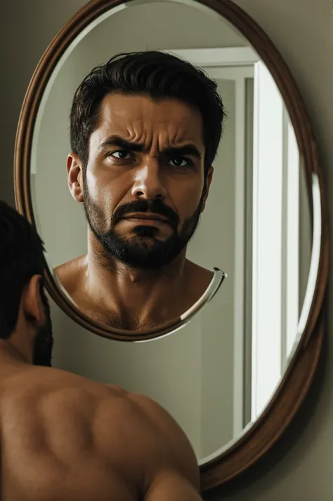 Man looking in the mirror where he sees his evil side
