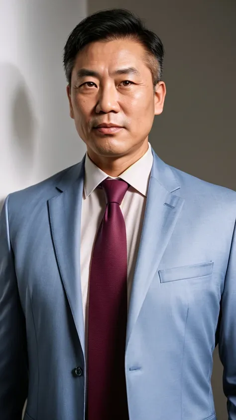 A professional portrait of a 48-year-old Asian man with a height of 166 cm and weight of 61.7 kg. He has a confident and approachable expression, dressed in a well-fitted business suit with a neutral-colored tie. The background is a simple, clean, and non-...