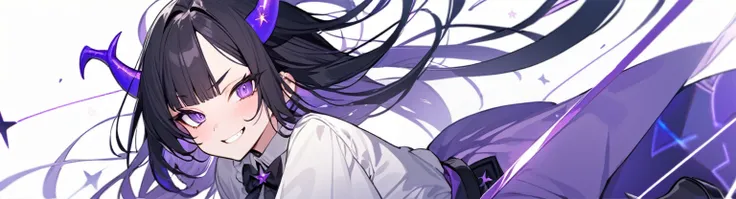 A girl with long black hair with straight bangs, with hair cut at the ends. Two large strands in the front, one bigger than the other. A rebel thread. A small white streak in your bangs. Two demon horns, one purple and one black, both with a dark purple st...