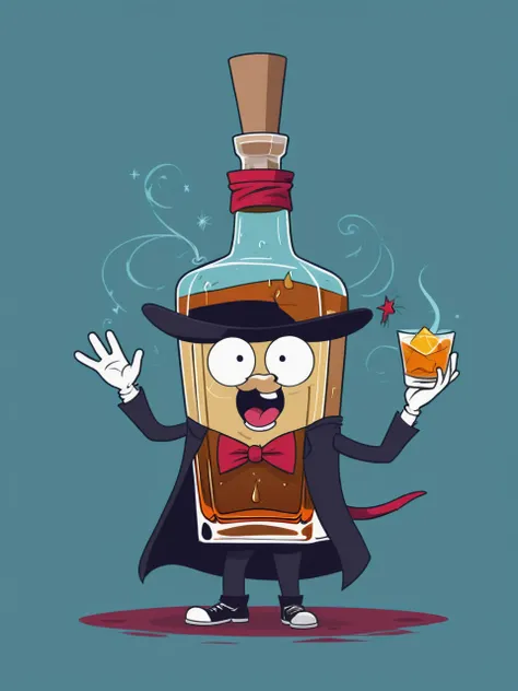 Vector illustration of a whiskey bottle, Disguised as a magician, cute Adventure Time style