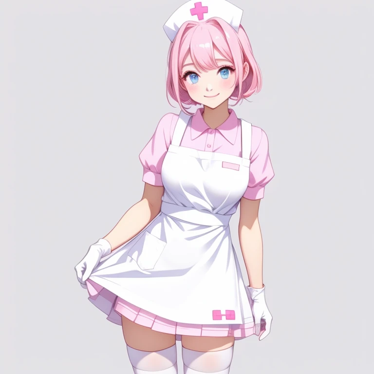 1girl, solo, nurse, nurse cap, pink collared dress, white apron, ((white legwear, zettai ryouiki)), white gloves, pink hair, blu...