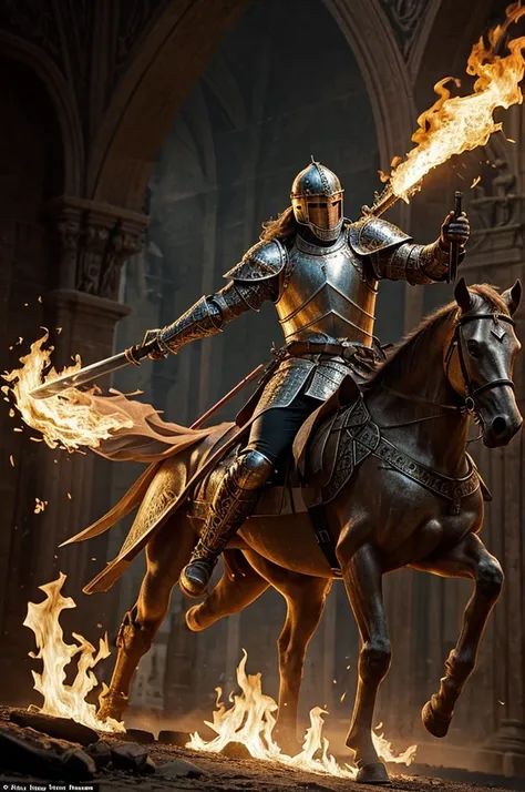 Clear, here is a detailed instruction:

"Create an image of a medieval knight wielding a flaming sword. The knight wears detailed and elegant armor, typical medieval style. Make sure the environment of the image has baroque elements, with ornate details an...