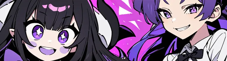 A girl with long black hair with straight bangs, with hair cut at the ends. Two large strands in the front, one bigger than the other. A rebel thread. A small white streak in your bangs. Two demon horns, one purple and one black, both with a dark purple st...