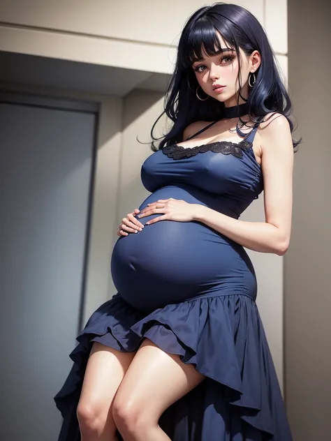 Pregnant woman with dark blue hair, 1981 style dress