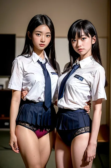 8K, RAW Portrait (Japan人女性),masterpiece、Photorealistic:1.3、Realistic, Ultra-high resolution, Highest quality, Real Life Photos ,( In the evening :1.1),
((((2 girls:1.5)))), (((Two girls showing off their panties in a room)))、(Beautiful Face:1.1)、Japanの2 gi...