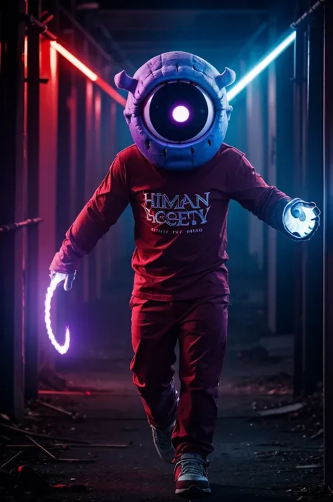 A humanoid White glowing purple eye monster wearing a red shirt and blue pants very very very scary