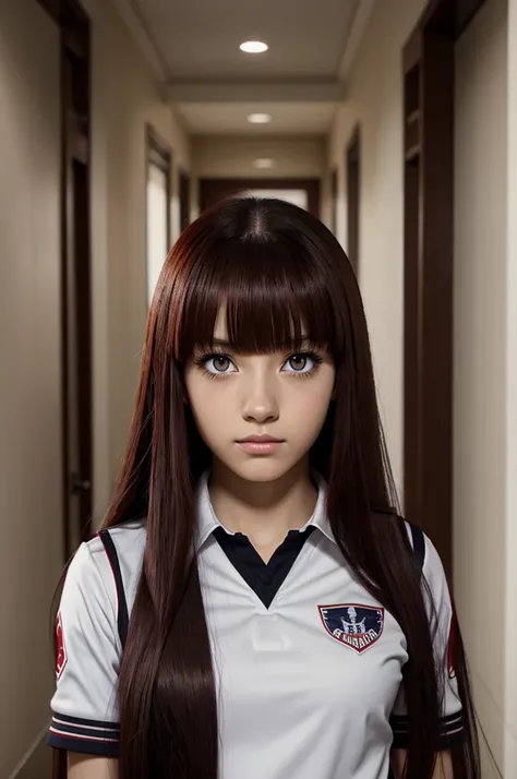 Screenshot Boku no Hero Academia.
Girl with long straight dark red hair, with bangs.
He has slanted and sensual eyes, black color, long pretty eyelashes and a serious expression.
He is wearing the UA uniform and is in the hallway