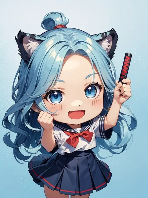 ((chibi:1.5)), (masterpiece), (best quality), high resolution, ultra detail, photorealistic, 8K, intricate face, detailed body, detailed face
BREAK 
1 girl, (long wavy hair, Light blue red gradient hair, big blue eyes, tiger ears, tiger tail)
BREAK 
school...