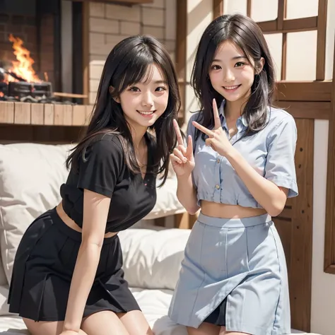 A confident smile, かわいいポーズをとっているtwo students demonstrating a gesture commonly associated with a peace sign while speaking by レストラン, slacks, Black Hair, indoor, in, skirt, shirt, ((((complete fiine fingers))))