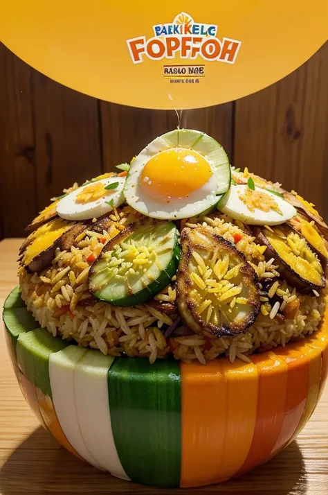 Bakol Nasi Goreng food promotion poster design in an attractive and colorful style. The image shows fried rice served with sunny side up egg on top, surrounded by decorations such as cucumber slices and other vegetable pieces. Add dynamic elements like wat...