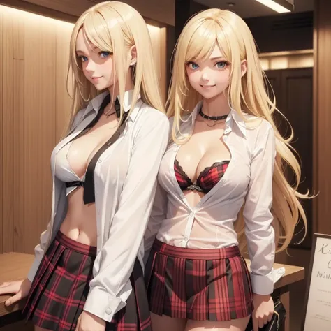 1girl only, smile, ((long blonde hair,Between dates.)),((open shirt, white collar shirt)), ((cleavage is visible.)), medium breasts, black and red plaid skirt, sarcastic, shy , blushing,((light skin)),((short sleeves))