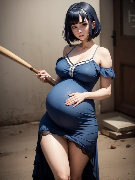 Pregnant woman with dark blue hair, flapper dress, baseball bat