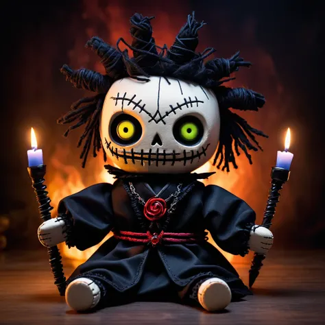 (knitted toy voodoo doll: 1.7), (Voodoo Lord of Darkness: 1.8), (Clothing: shadowy robes with dark enchantments: 1.0), (Accessories: staff of darkness, black crown, amulet of despair: 1.2), (Background: dark abyss with swirling shadows and ghostly appariti...