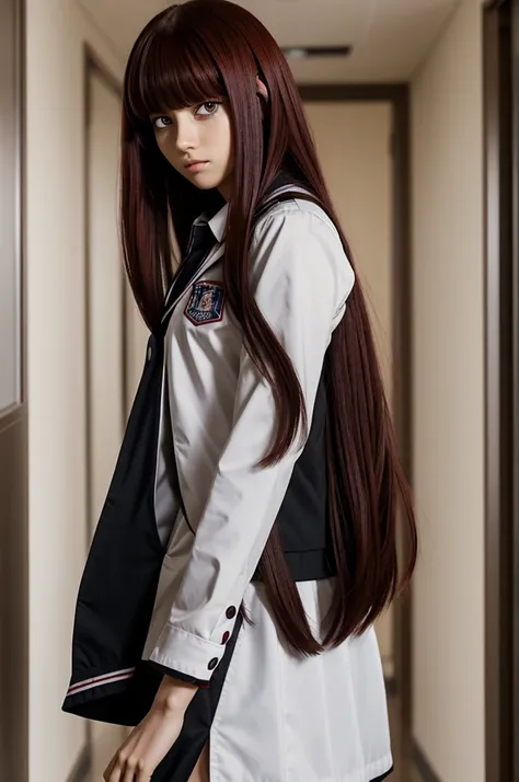 Screenshot Boku no Hero Academia.
Girl with long straight dark red hair, with bangs.
He has slanted and sensual eyes, black color, long pretty eyelashes and a serious expression.
He is wearing the UA uniform and is walking down the hallway