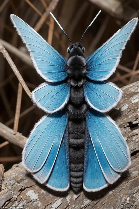 A 3 meter moth of ice powers, Its appearance is the following. Its exoskeleton from the thorax to the abdomen is Cold Blue and black on the bottom., Their "legs" o legs and antennae are black, Their alas son de color celeste y su cuello y partes de Their p...