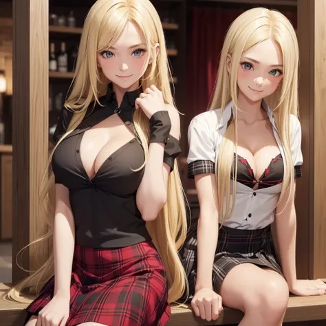 1girl only, smile, ((long blonde hair, Between dates.)), low-cut black top, ((cleavage is visible.)), medium breasts, black and red plaid skirt, sarcastic, shy, blushing, ((light skin) ),((short sleeves))