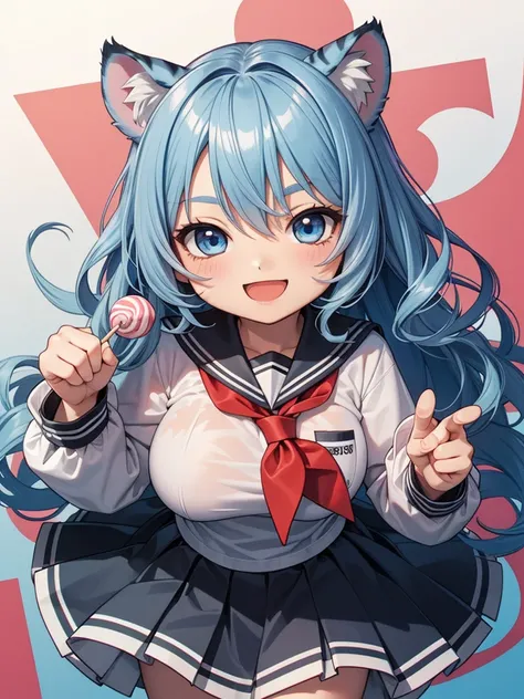 ((chibi:1.5)), (masterpiece), (best quality), high resolution, ultra detail, photorealistic, 8K, intricate face, detailed body, detailed face
BREAK 
1 girl, (long wavy hair, Light blue red gradient hair, big blue eyes, tiger ears, tiger tail)
BREAK 
school...