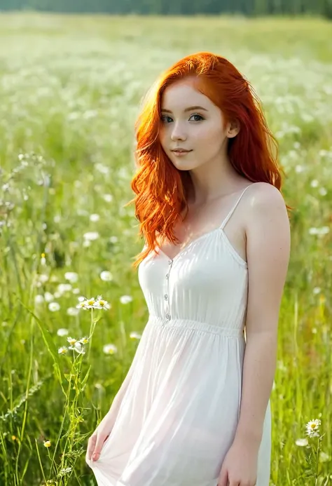 young girl with red hair and white skin wearing a sundress, she is outside in meadow