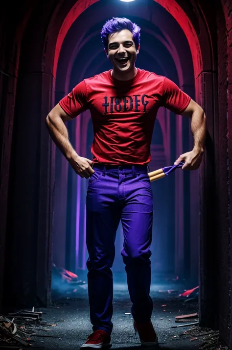 Scary monster glowing purple eyes and a big smile wearing a red shirt and blue pants