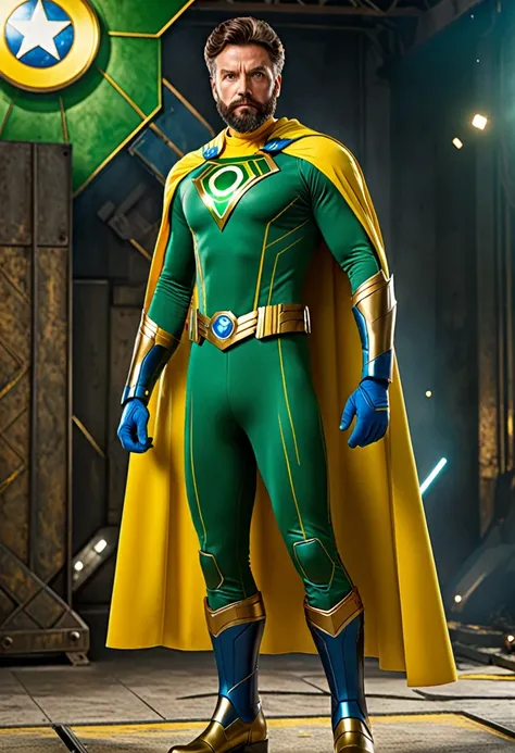 a heroic brazilian superhero, brown hair styled back, trimmed beard, serious confident expression, mature experienced face, green suit with yellow and blue details, earth symbol on chest, yellow cape attached to left shoulder, geometric yellow armor on lef...