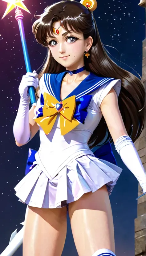 1girl, sailor senshi unifoem, {{magical gloves, magical boots}}, bow, brooch,pleated miniskirt, magical girl, earrings, long hair, nsfw, latex, large_breasts, korean idol, holding wand, wand, wand effect,agic effect, standing, crossed legs, dakimakura, ido...