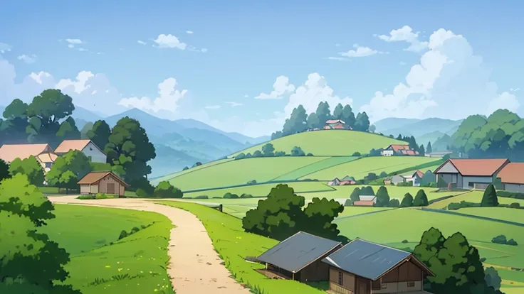 A Landscape neighborhood with hills and grass and bushes, beautiful compositions, rule of third, country side hills, farm hills, anime ghibli style, cows. africa congo. Farm crop Fields, beautiful blue sky 