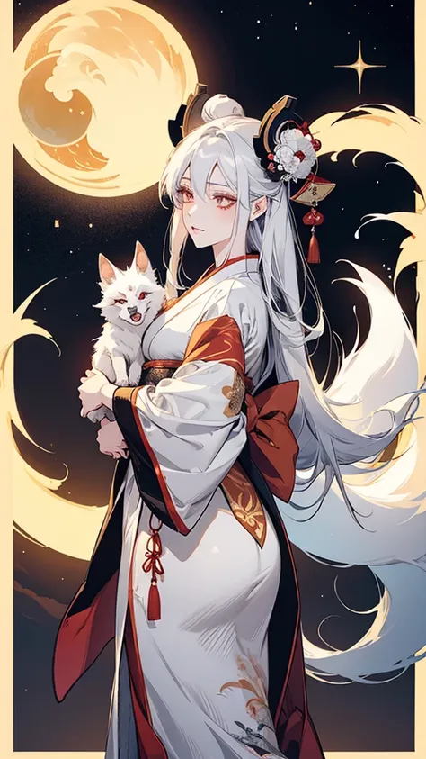 Kitsune girl,geisha dress theme sun&moon , traditional japanese , long white hair,silver fox ears, have kitsune tail, beautiful woman, silver eyes, elegant