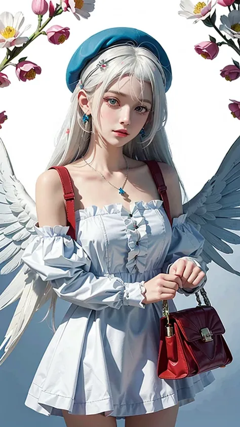 (masterpiece),(best quality),(ultra-detailed),(illustration),simple background,(an extremely delicate and beautiful girl),(beautiful face),looking_at_viewer,1 cute girl with (white hair:1.5) and light red eyes and (beret:1.2) and (shoulder bag:1.2),long ha...