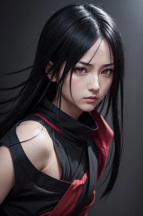 1Woman with black hair and red eyes, itachi uchiha, itachi, akatsuki akira, sasuke uchiha, madara uchiha, yuyushiki, from naruto, inspirado em Chen Jiru, shrigan eyes,mid-journey art,face detailed,wearing akatsuki dress,he is very threatening and evil,naru...