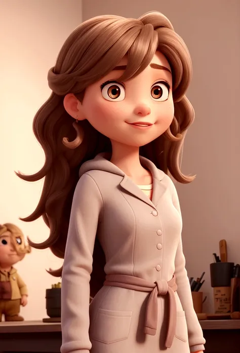 Create a human woman character in Pixar animation style:
-**Genre**: Woman -**kor**: 45 years -**Skinned**: white.
- **hairs**: brown, long and curly, completely wavy.
- **eyeballs**: Pequenos e brown.
- **lips**: small.
-**nase**: big and wide.
- **cheeks...