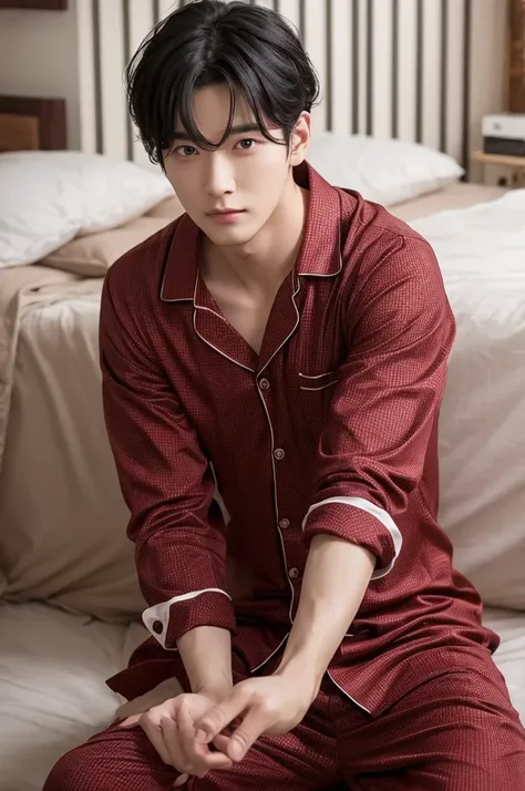 Sexy man in pajamas, 25 years old, black hair, red eyes