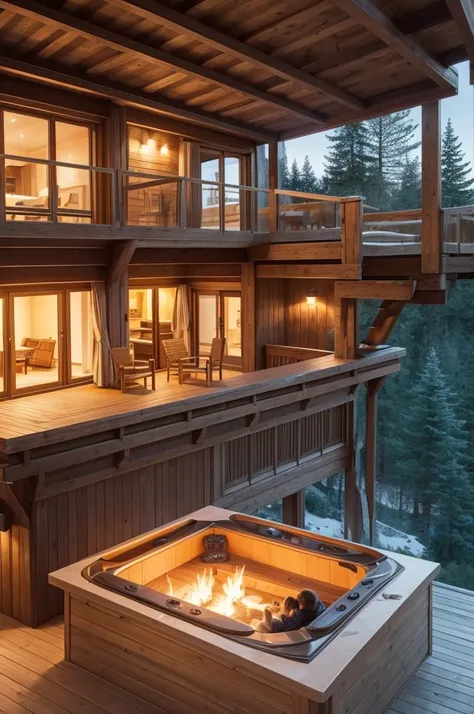 Act like a renowned architect and draw the plans of a sophisticated chalet, with hot tub, deck externo,fireplace 