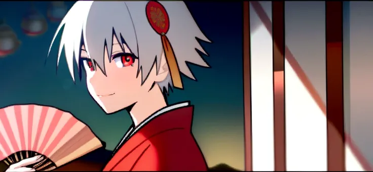 masterpiece, best quality, 1boy, kaworu nagisa, cute, hot, elegant, seductive, red eyes, wife material, ancient japan background, boy wearing female kimono, revealing kimono, red decorative kimono, hair accessories, holding fan, smiling sweetly